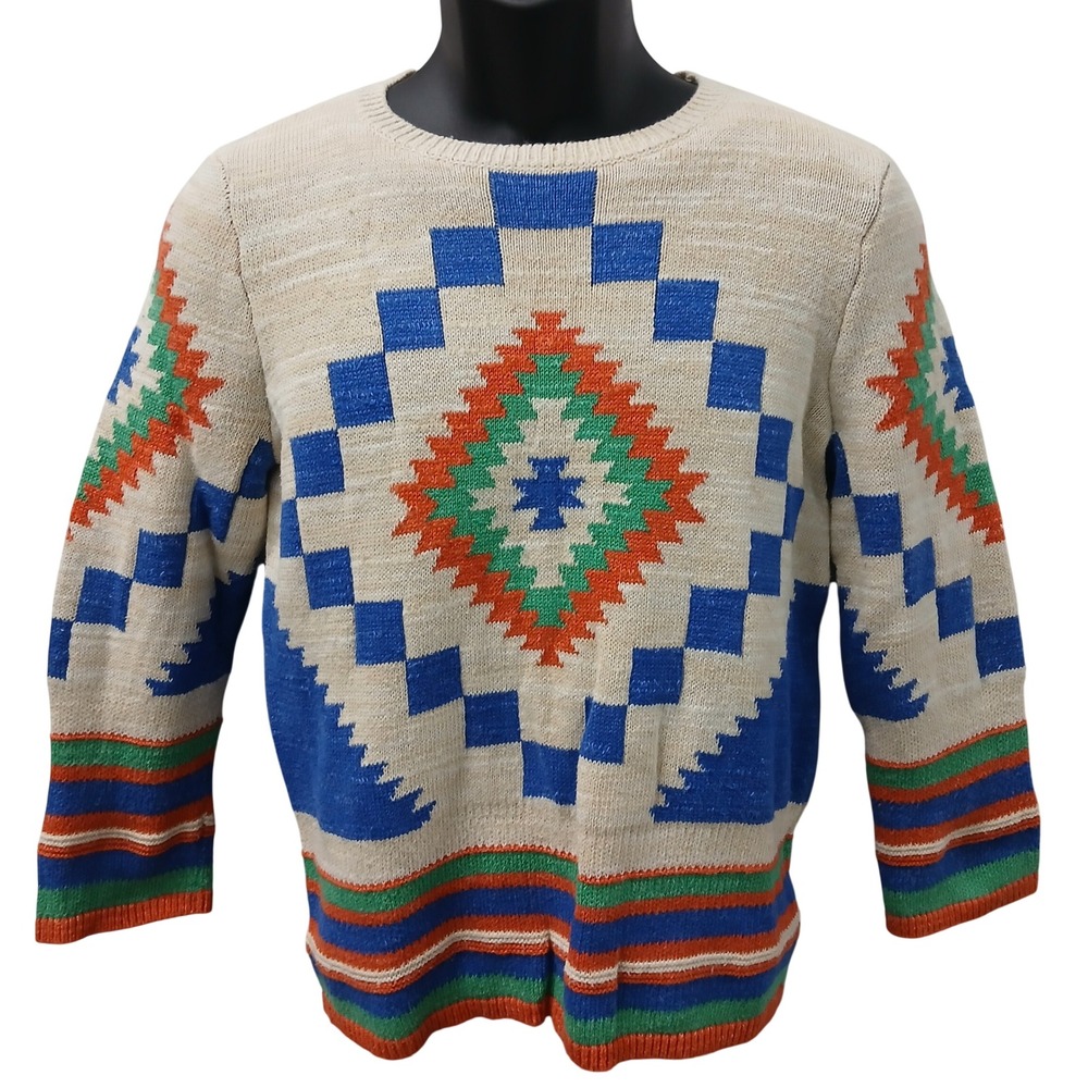 Lauren Ralph Lauren Southwestern Intarsia Knit Cotton Sweater Blue Orange Medium